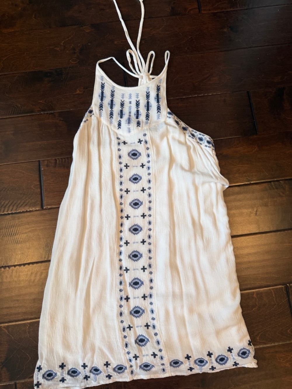 Hollister White Embroidered Boho Halter Dress with Navy Accents
